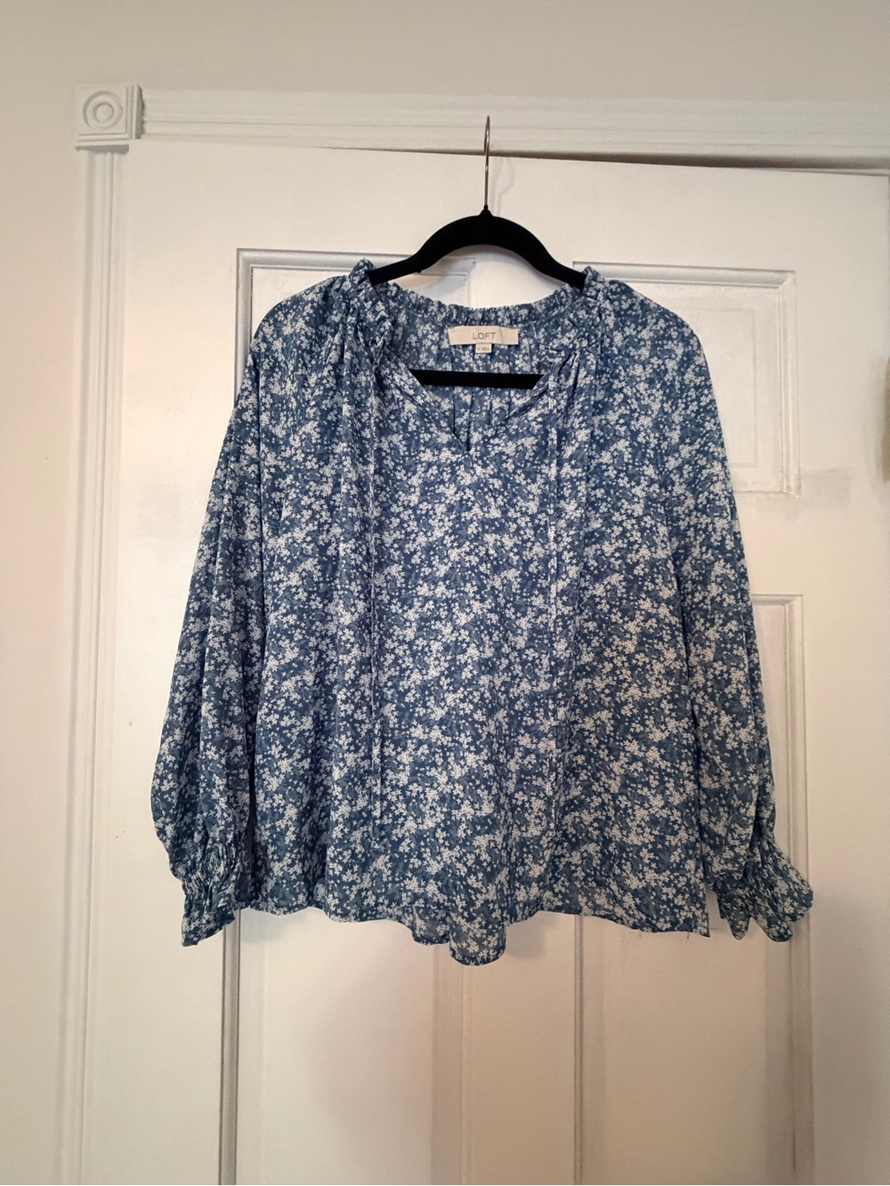 LOFT Blue Floral Ruffled Neck Blouse